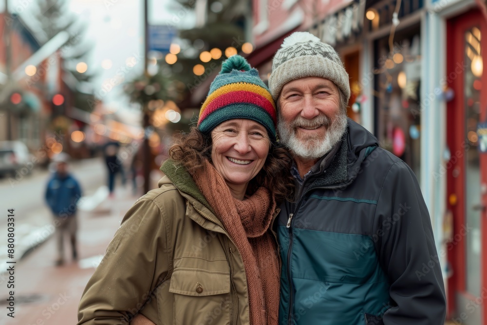 Portrait of a merry couple in their 50s wearing a trendy bomber jacket in charming small town main street Portrait of a merry couple in their 50s wearing a trendy bomber jacket in charming small town main street
