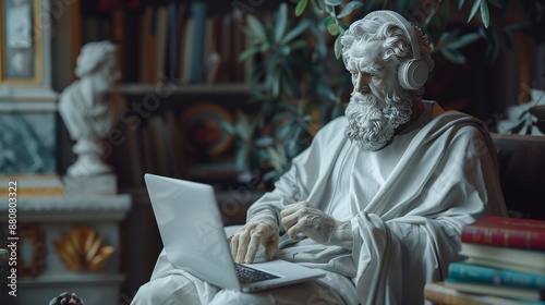 A 8k render of greek statue version of euclid wearing beats headphones, placed on top of some books, studying maths on his laptop and focusing hard, aesthetic, classical, ultra detailed, 8k, pastel