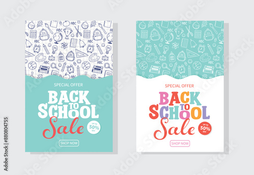 Back to School Sale background with hand drawn elements. Set. Vector illustration