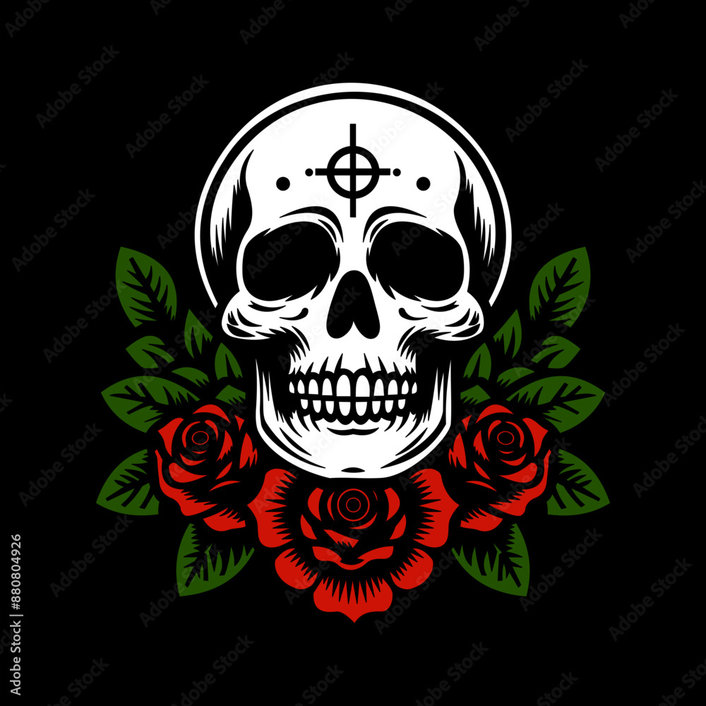 Skull with Roses and Leaves Tattoo Skull with Roses and Leaves Tattoo