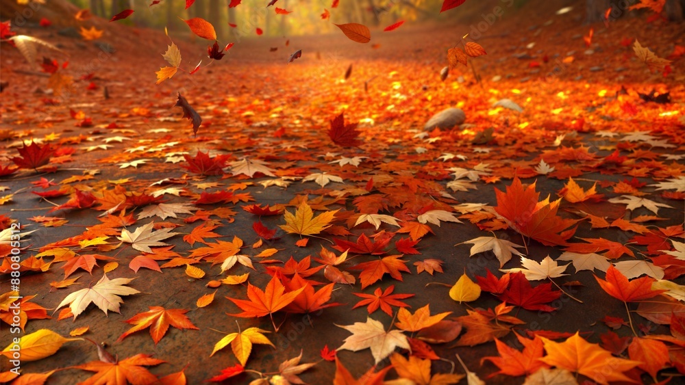 A beautiful autumn scene with leaves falling from the trees A beautiful autumn scene with leaves falling from the trees