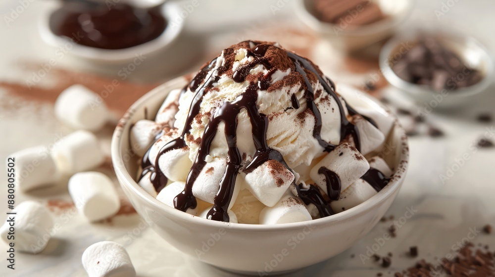 Ice cream sundae with marshmallows and chocolate sauce.