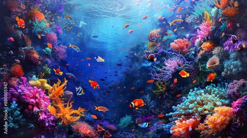 A vibrant underwater scene of a coral reef teeming with colorful fish and swaying sea anemones
