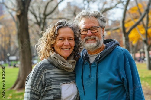 Wallpaper Mural Portrait of a cheerful couple in their 50s sporting a comfortable hoodie isolated on vibrant city park Torontodigital.ca