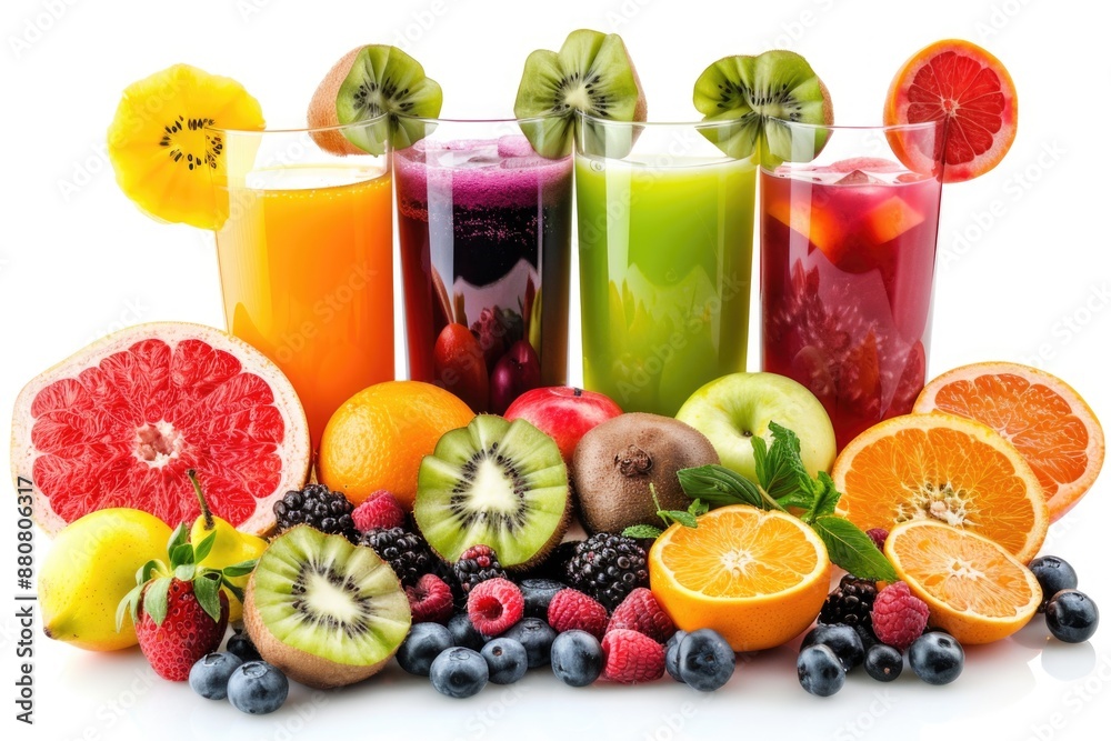 A colorful display of various fruits and juices, perfect for food marketing or educational purposes A colorful display of various fruits and juices, perfect for food marketing or educational purposes