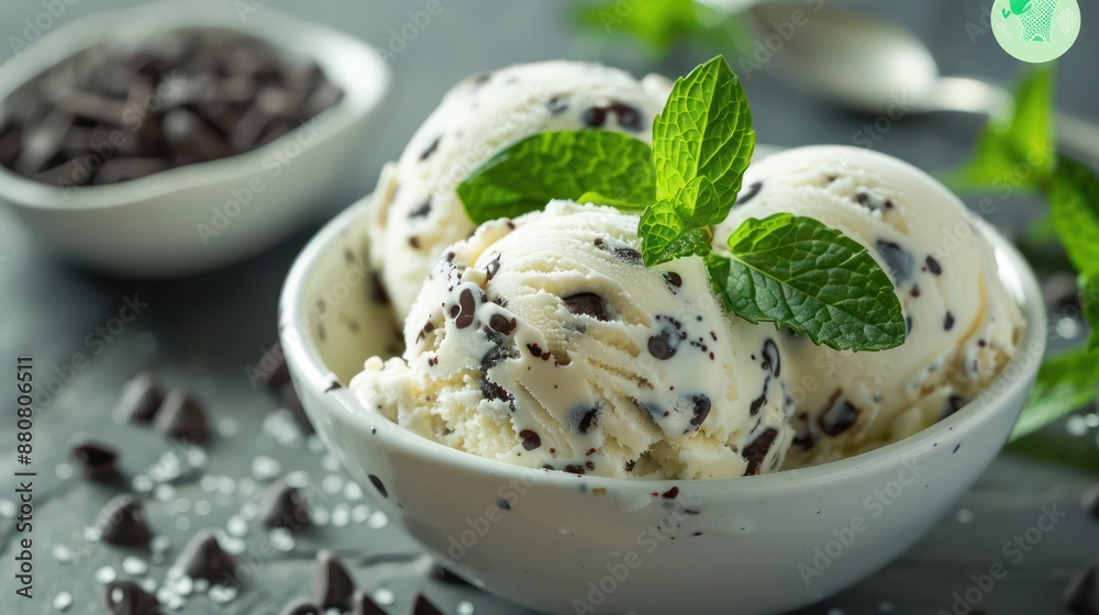 A bowl of mint chocolate chip ice cream with green mint leaves on top A bowl of mint chocolate chip ice cream with green mint leaves on top