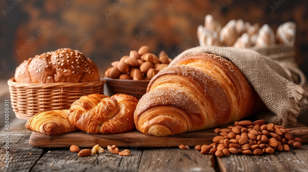 A rustic artisan bread composition featuring golden-brown croissants dusted with powdered sugar, sliced bread, and raw almonds on a wooden cutting board.