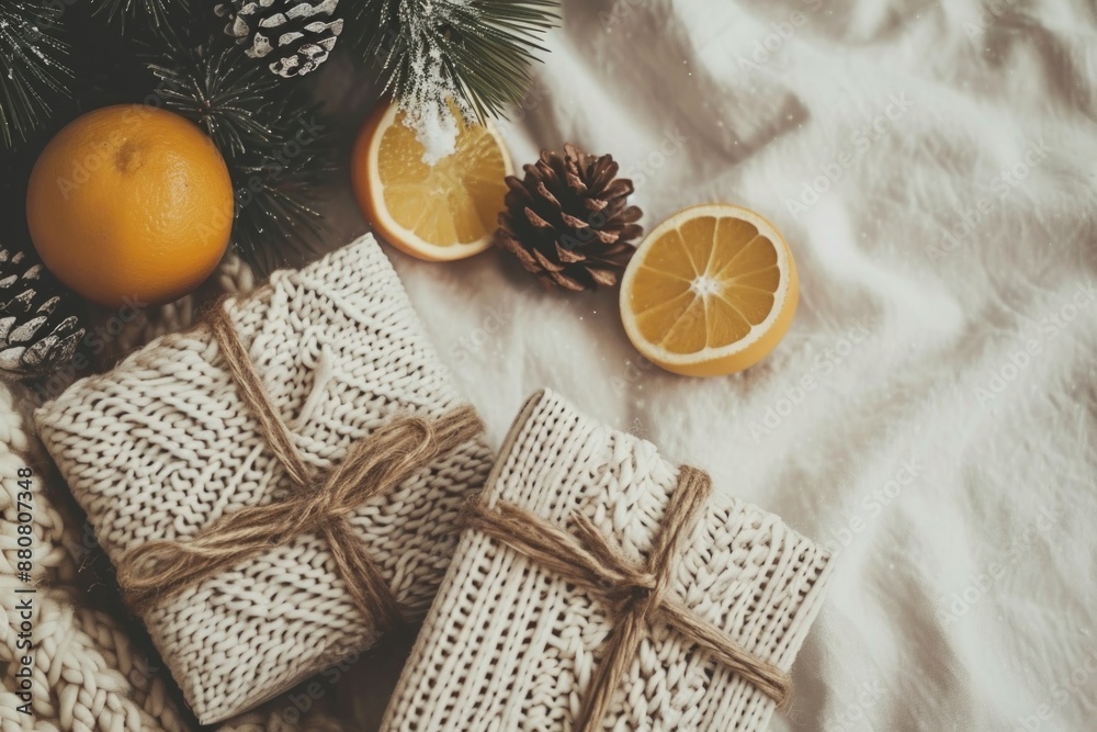 Wrapped gift with oranges, pine cones and twine Wrapped gift with oranges, pine cones and twine