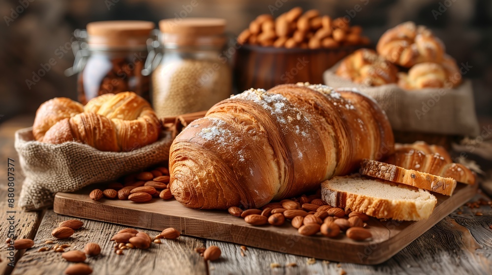 A rustic artisan bread composition featuring golden-brown croissants dusted with powdered sugar, sliced bread, and raw almonds on a wooden cutting board. A rustic artisan bread composition featuring golden-brown croissants dusted with powdered sugar, sliced bread, and raw almonds on a wooden cutting board.
