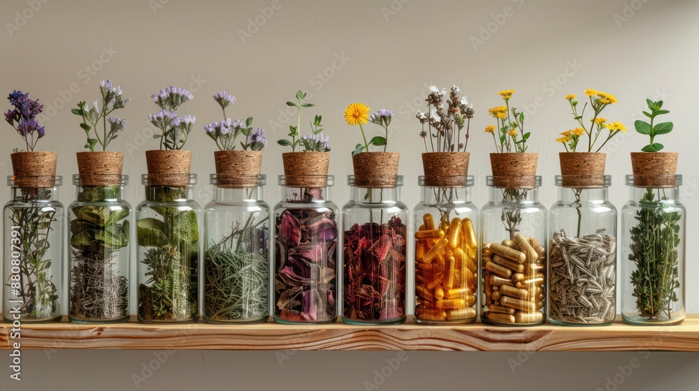Various herbal supplements in small glass jars, showcasing natural health remedies. Various herbal supplements in small glass jars, showcasing natural health remedies.