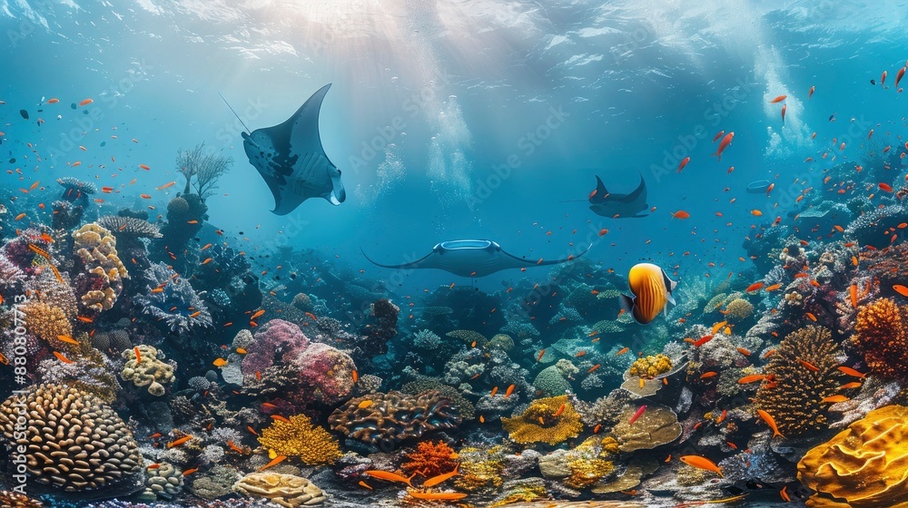 Fototapeta premium A coral reef bustling with life, from tiny crustaceans to majestic manta rays gliding overhead