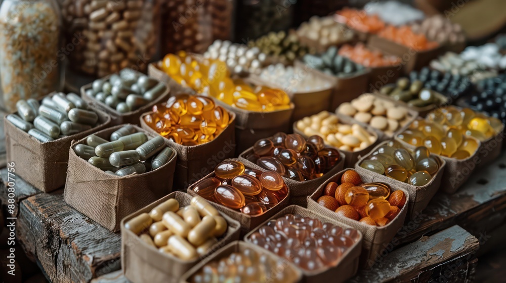 A selection of natural vitamin supplements in simple packaging. It is a symbol of health and wellness. A selection of natural vitamin supplements in simple packaging. It is a symbol of health and wellness.