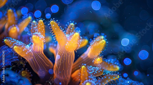 A close-up of coral polyps feeding at night, illuminated by bioluminescent organisms