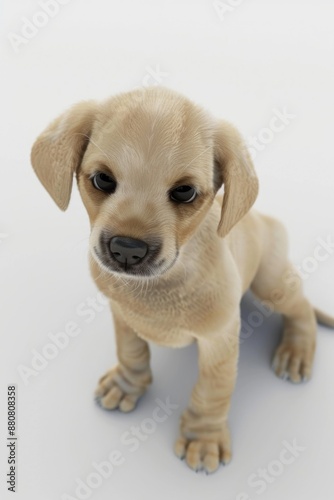 A small puppy stands on a white surface © vefimov