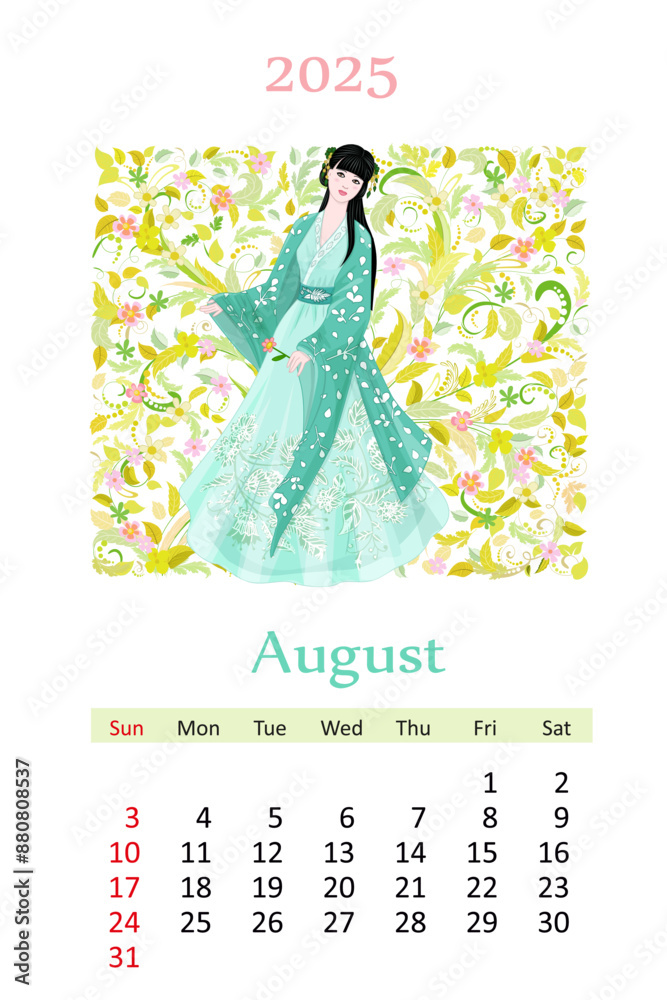 August 2025 calendar with beautiful asian girl in traditional co August 2025 calendar with beautiful asian girl in traditional co