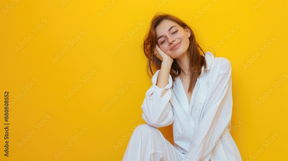 A woman sits on a yellow surface wearing a white robe, providing an elegant and serene scene A woman sits on a yellow surface wearing a white robe, providing an elegant and serene scene