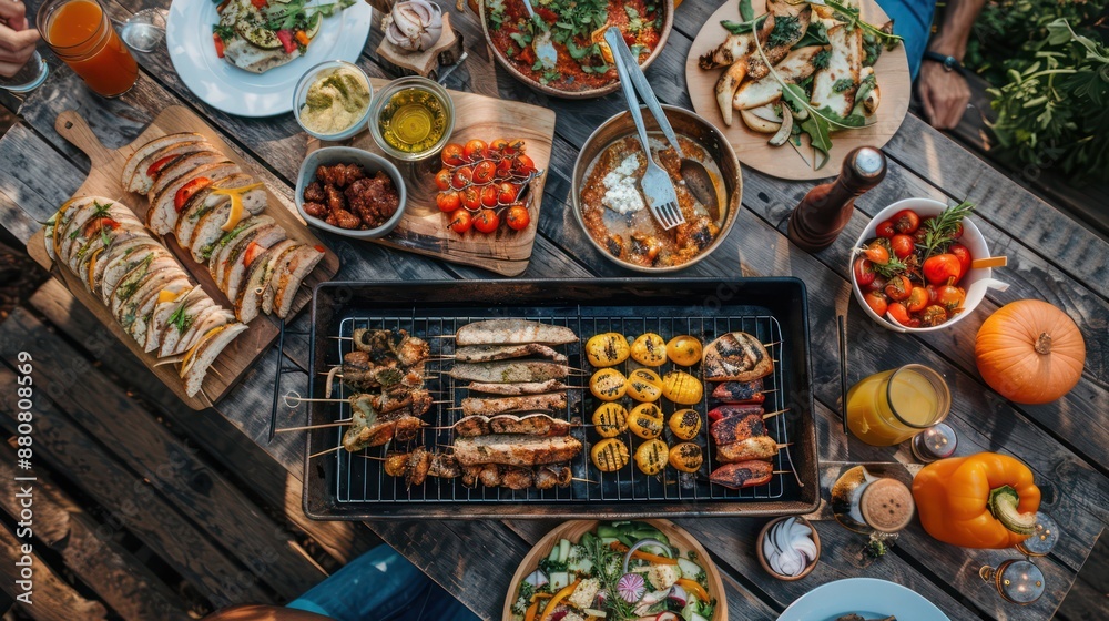 Fototapeta premium Outdoor BBQ party with friends and a variety of grilled foods