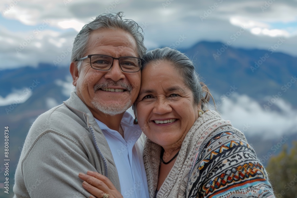 Portrait of a smiling latino couple in their 50s wearing a chic cardigan while standing against panoramic mountain vista Portrait of a smiling latino couple in their 50s wearing a chic cardigan while standing against panoramic mountain vista