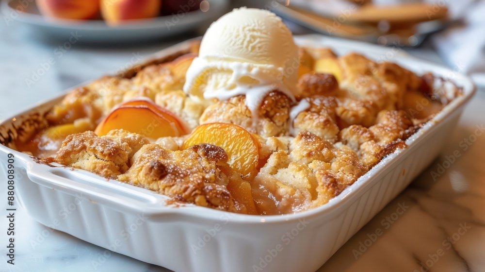 Peach cobbler with a scoop of vanilla ice cream on top. Peach cobbler with a scoop of vanilla ice cream on top.