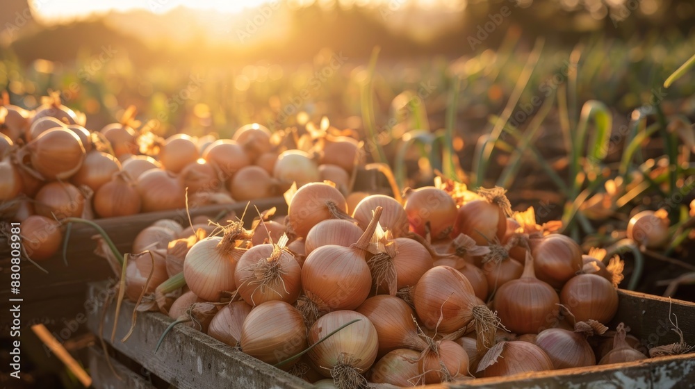 Golden Onions in Wooden Crate at Sunset Golden Onions in Wooden Crate at Sunset