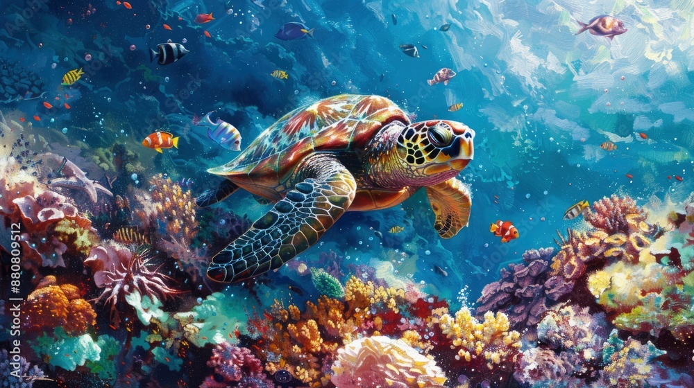 Obraz premium A sea turtle nesting among the coral formations, surrounded by a cloud of colorful reef fish