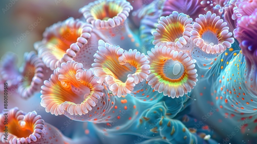 An abstract composition of coral polyps in macro, showcasing their intricate structures and vibrant colors An abstract composition of coral polyps in macro, showcasing their intricate structures and vibrant colors