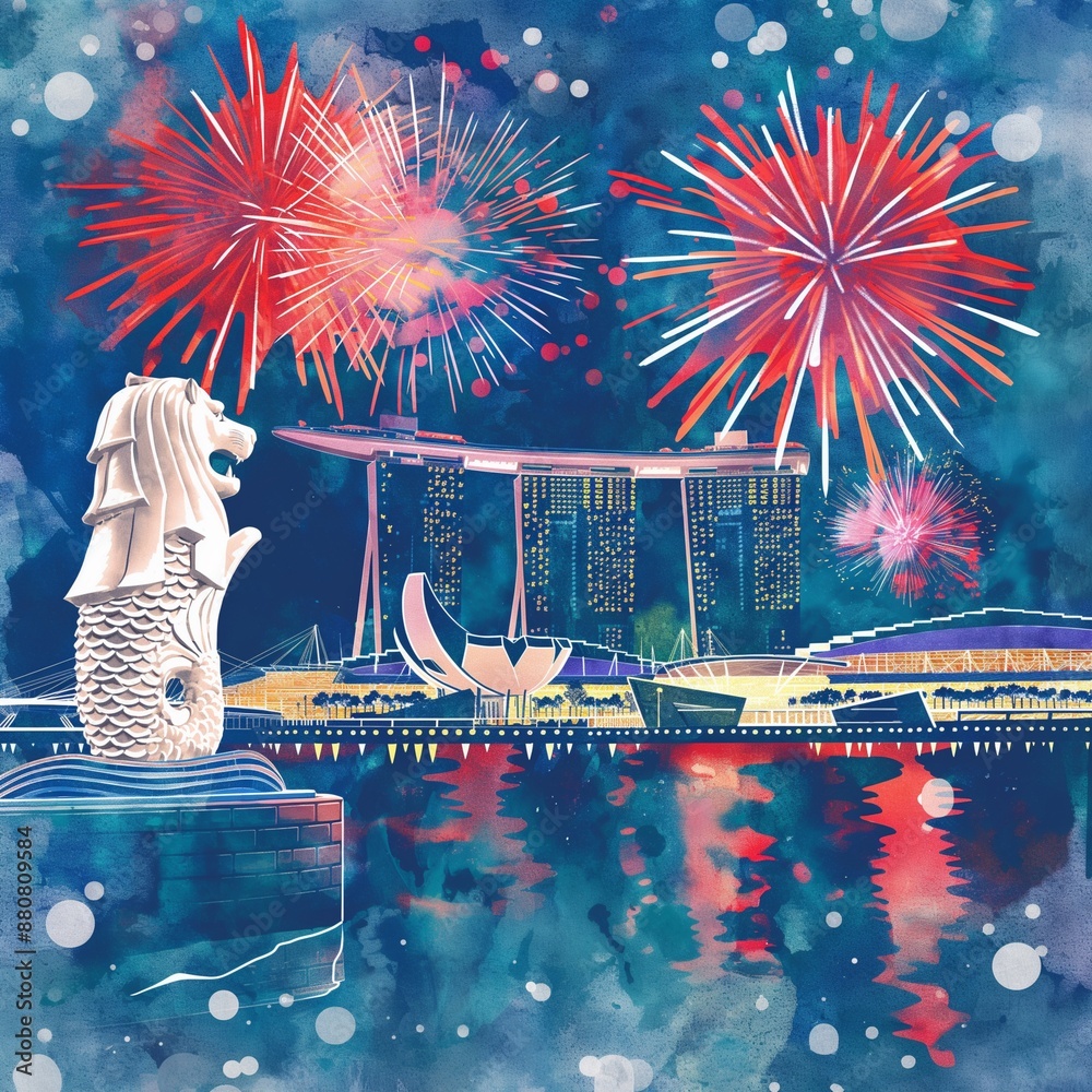 Φωτογραφία Watercolor painting of Singapore National Day celebration with fireworks over the city