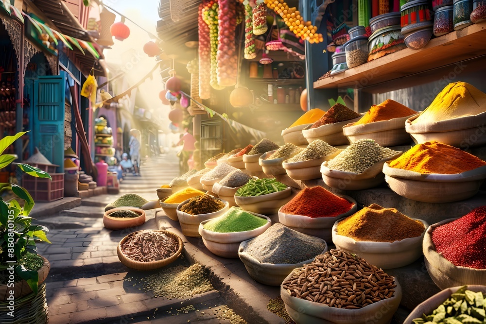 Vibrant Spice Ramp Leading to Bustling Marketplace of Aromatic Anise and Culinary Delights Vibrant Spice Ramp Leading to Bustling Marketplace of Aromatic Anise and Culinary Delights