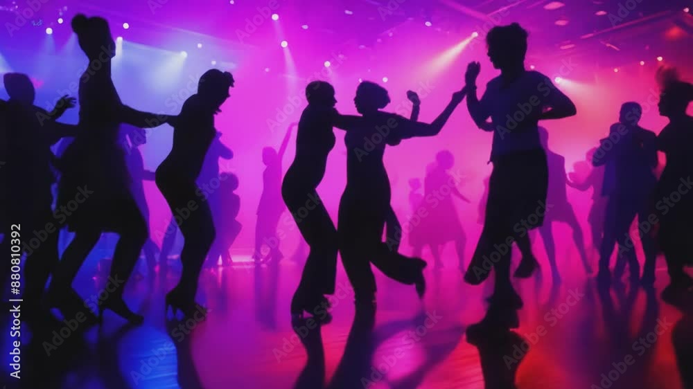 Silhouetted dancers move rhythmically in a neon-lit room, exuding energy and joy. Energetic dance party with vibrant backdrop Silhouetted dancers move rhythmically in a neon-lit room, exuding energy and joy. Energetic dance party with vibrant backdrop