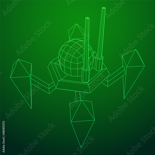 Spider robot with radar antenna. Nanobot, nanotechnology medical concept. Wireframe low poly mesh vector illustration