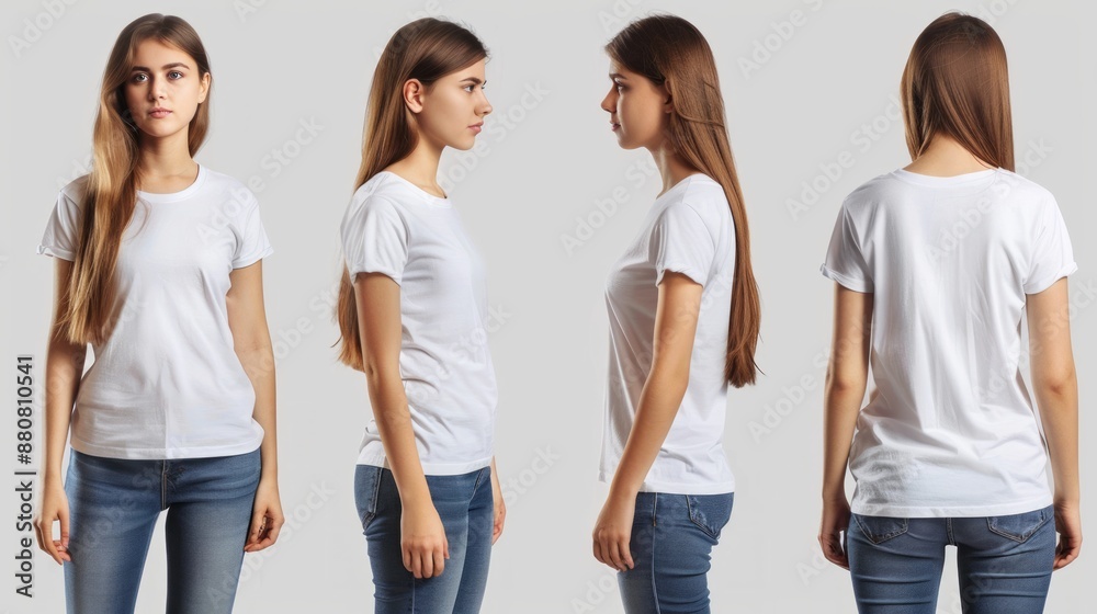 Obraz premium Woman in White T-Shirt and Jeans, Multiple Views