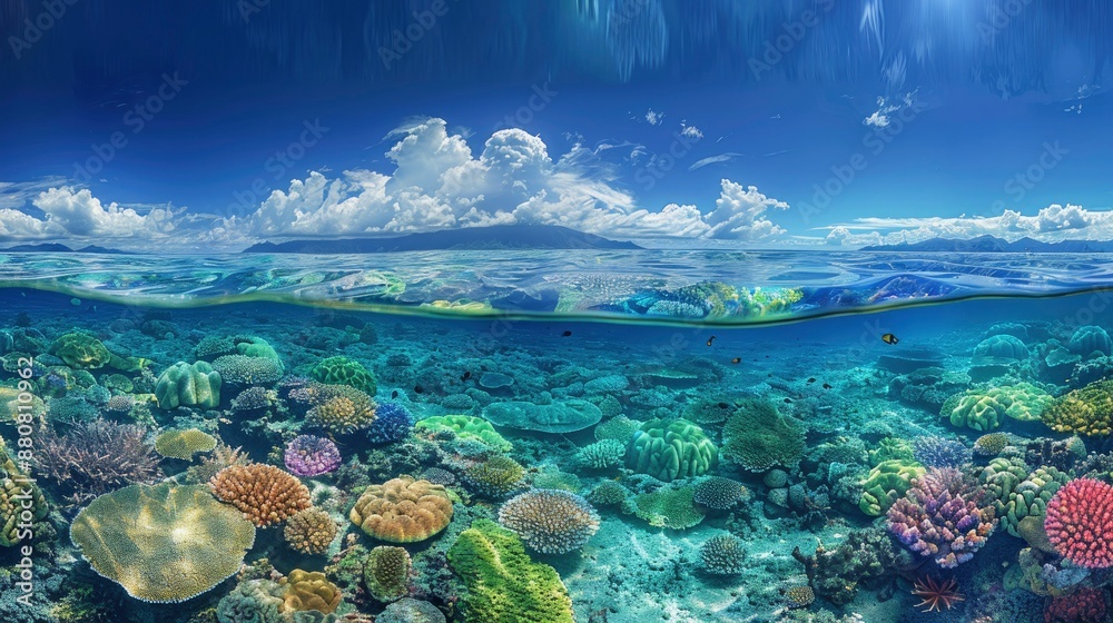 A panoramic view of a coral reef's edge, where the vibrant ecosystem meets the deep blue abyss A panoramic view of a coral reef's edge, where the vibrant ecosystem meets the deep blue abyss