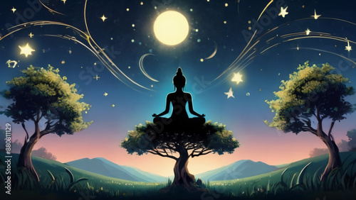 Budda Silhouette im Mondschein am Meditieren . KI Generated