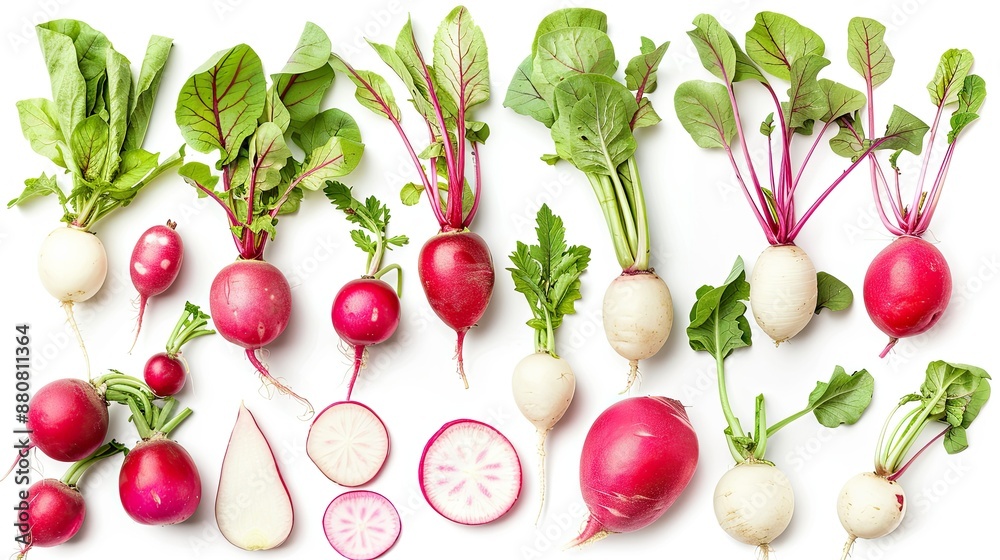 Isolated on white, fresh whole and cut garden radishes, arranged neatly Isolated on white, fresh whole and cut garden radishes, arranged neatly