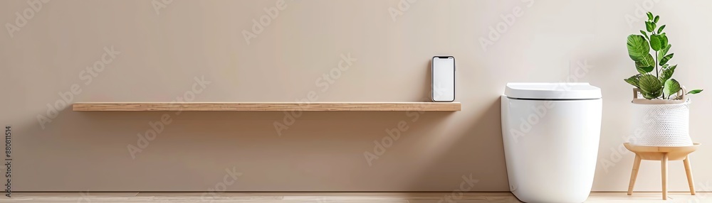 Modern minimalist bathroom with sleek white fixtures, wooden shelf, and vibrant green plant. Clean and stylish interior design.