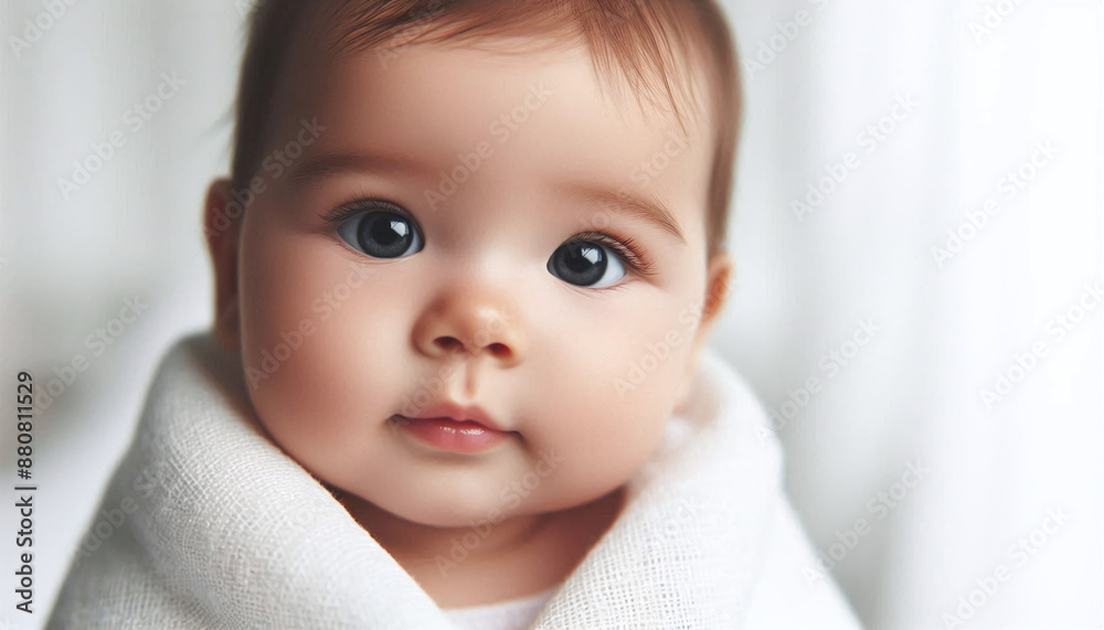 Close-up portrait of a cute baby looking, blurred white background Close-up portrait of a cute baby looking, blurred white background