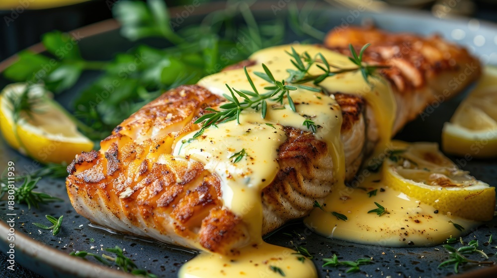 Roasted fish, golden and flaky, elegantly drizzled with hollandaise sauce and garnished with fresh herbs Roasted fish, golden and flaky, elegantly drizzled with hollandaise sauce and garnished with fresh herbs