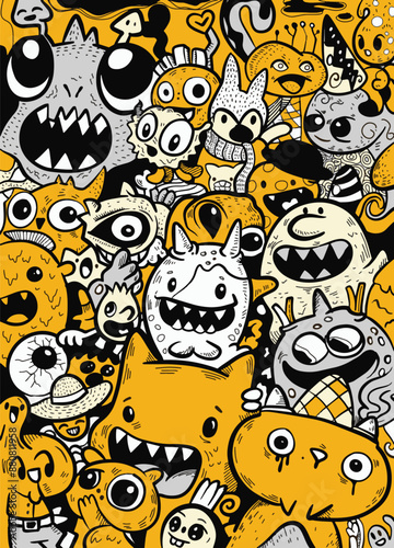 Yellow and Black Cartoon Monster Doodle Art