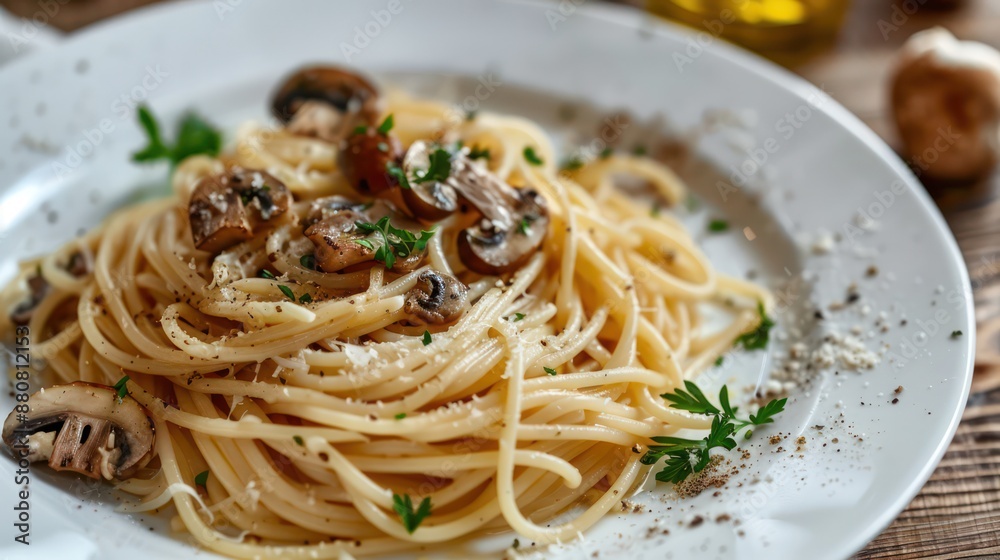 Spaghetti with mushrooms and truffle oil on a white plate Spaghetti with mushrooms and truffle oil on a white plate