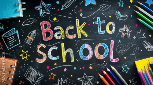 Colorful Text Back to School on Black Chalkboard Art with Pencils and Stationery Education Concept