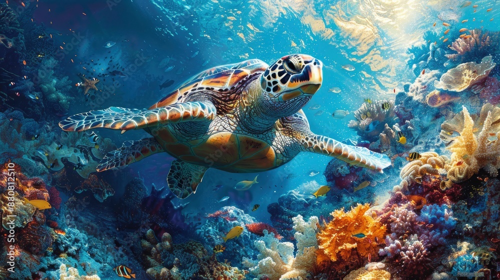 A sea turtle nesting among the coral formations, surrounded by a cloud of colorful reef fish A sea turtle nesting among the coral formations, surrounded by a cloud of colorful reef fish