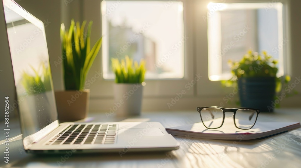 Fototapeta premium Chic home office setup with laptop spectacles notepad and potted plant