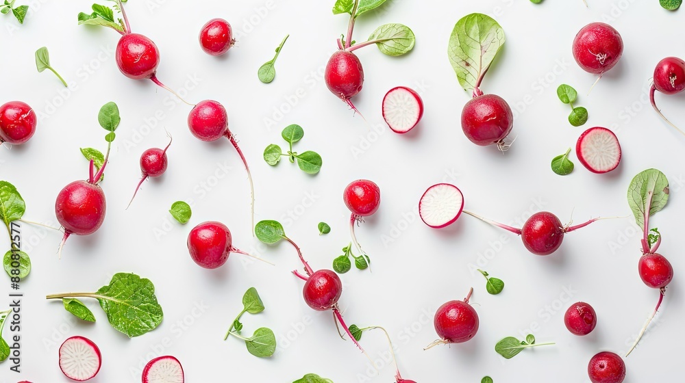 Top view of fresh whole and half small garden radishes on white background Top view of fresh whole and half small garden radishes on white background
