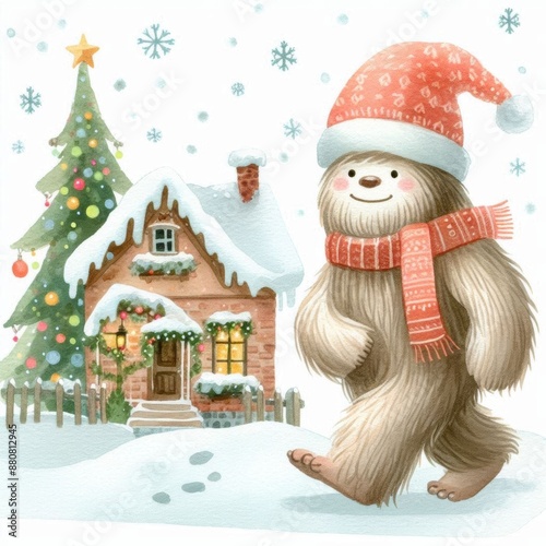 A cheerful Yeti wearing a Santa hat walks towards a cozy snow-covered house with a decorated Christmas tree. photo