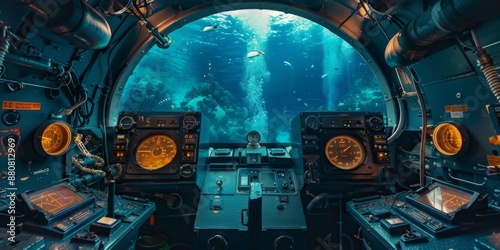 futuristic submarine wheelhouse with beautiful deep sea views photo