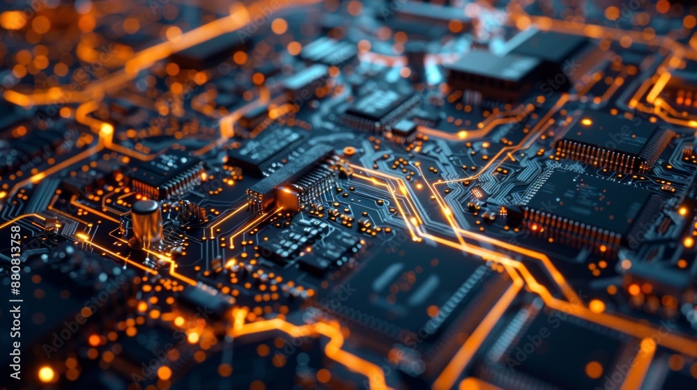 Circuit Board with Glowing Orange Traces Circuit Board with Glowing Orange Traces