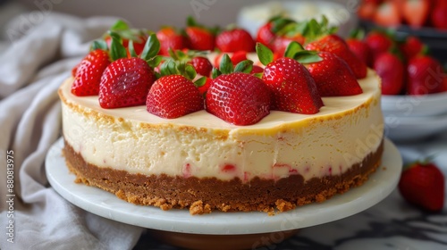 Strawberry cheesecake with a graham cracker crust and fresh strawberries