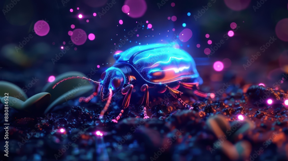 A supernatural scene features mystical beetles that emit radiant signals A supernatural scene features mystical beetles that emit radiant signals