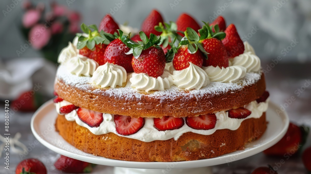 Vanilla sponge cake with fresh strawberries and whipped cream Vanilla sponge cake with fresh strawberries and whipped cream