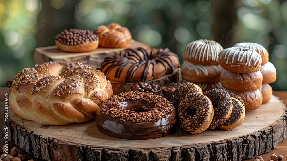 A diverse collection of freshly baked sweet goods displayed on a rustic wooden board.